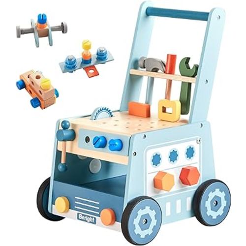 Beright Wooden Baby Push Walker, Wooden Baby Walker and Tool Toy for Toddlers, Kids Tool Bench, Baby Activity Center, Toddler Montessori Educational Toys, Blue