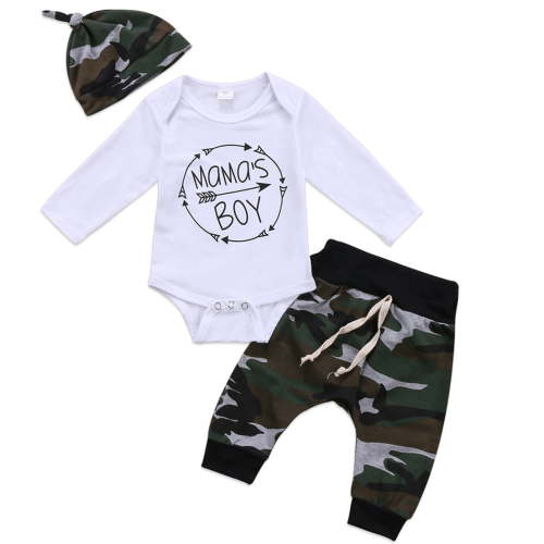 3Pcs Mama's Boy Infant Newborn Baby Boy Romper Jumpsuit Bodysuit + Camouflage Long Pants + Hat Clothes Outfit Set 0-6 Months