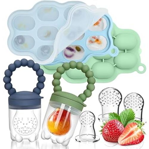 Silicone Baby Fruit Food Feeder, 2 Pack Freezer Tray with lid for Batch Prep,Introduce New Foods, Breastmilk Popsicle Molds, Silicone Teething Toys, Includes 6 Extra Food Pacifier