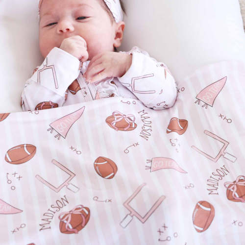 Tiny Touchdowns Personalized Swaddle Blanket | Pink