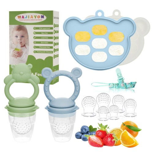WAJIAYON Baby Breastmilk Popsicle Molds & Baby Fruit Feeder (4 Pack), Baby Food Freezer Tray Storage Containers, Silicone Teething Pacifier Feeder and Teether for Babies,Baby Feeder(Green)