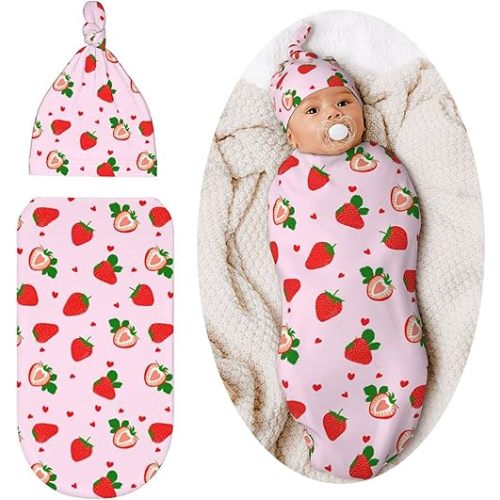 Swaddle Blanket Strawberry Baby Stuff Newborn Baby Swaddling Blanket Sleep Sack with Beanie Hat Sets for Boys Girls Infant and Baby Shower Unisex