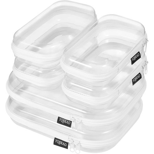 YQBRAO 6 Pack Clear Hard Shell Beauty Organizer (2M+4S), 1.2mm Crush-Proof Cosmetic Case, Reinforced YKK Zippers, Stadium Approved Security Bag for Skincare, Toiletries & Electronics, Multi-Size Set
