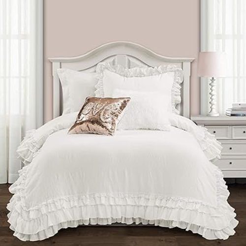 Lush Decor, Twin-XL, White Ella Vintage Chic Ruffle Lace 2 Piece Comforter Set