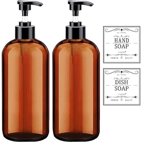 Soap Dispenser with Rust Proof Pump, Waterproof Labels (2 Pack,16 Oz) Bathroom, Plastic Hand Dish Soap Dispenser for Kitchen, Premium Thick Soap Pump Bottles (Amber)
