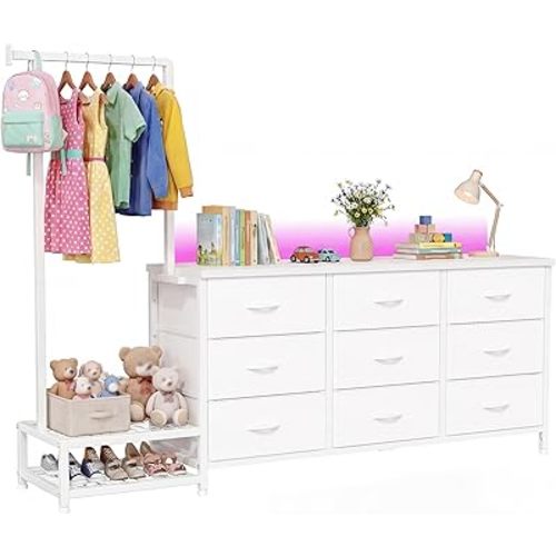 Romorgniz 9-Drawer Dresser for Bedroom with LED Lights, Dresser with Hanging Rack, Fabric Dressers & Chest of Drawers with Extendable Garment Rod, Wooden Top, White