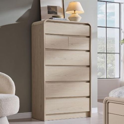 7 Drawers Dresser for Bedroom, Modern Dressers & Chests of Drawers with Curved Profile Design, Wooden Dresser for Living Room, Cream