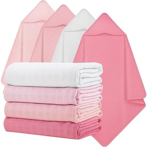 Preboun 4 Pcs Muslin Hooded Baby Towels,32"x 32" Cotton Newborn Bath Towel Muslin Infant Baby Blankets Absorbent Unisex Newborn Registry Gift for Girls Boys(Pink Series)