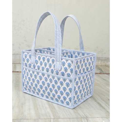Blue Floral Quilted Cotton Nappy Caddy, Baby Diaper Organizer Basket, Nursery Storage Bin