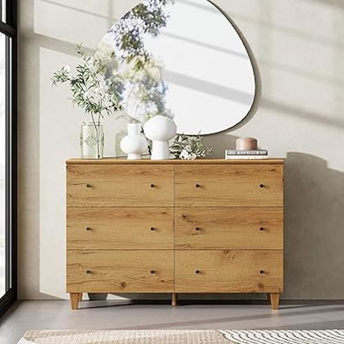WAMPAT Dresser with 6 Drawers for Bedroom, Wooden Kids Dressers with Wide Chest of Drawers, Modern Closet Storage Organizer Furniture with Solid Wood Legs for Living Room, Hallway, Nursery, Oak Brown