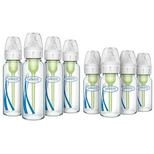 Dr. Brown’s Anti-Colic Narrow Glass Baby Bottles 8 oz 4-Pack + 4 oz 4-Pack with Level 1 Slow Flow Nipples Bundle, BPA Free, 0m+, Clinically Proven to Reduce Colic and Aid Digestion