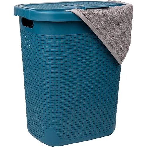 Mind Reader 50L Slim Laundry Hamper, Clothes Basket, Lid, Wicker Design, Plastic, 17.65"L x 13.75"W x 21"H, Blue