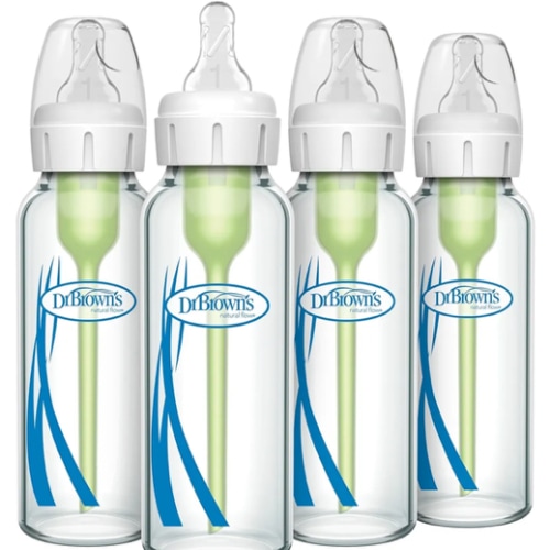 Dr. Brown's Natural Flow Anti-Colic Options+ Narrow Glass Baby Bottle 8 oz/250 mL, with Level 1 Slow Flow Nipple, 4 Pack, 0m+