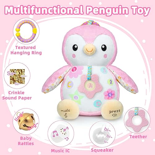 Musical Stuffed Animal Plush Toy,Textured Hanging Ring,Rattles & Crinkle Sound Paper,Tummy Time Toys for Newborns Toys for 0-6-12 Months Boy/Girls,Penguin