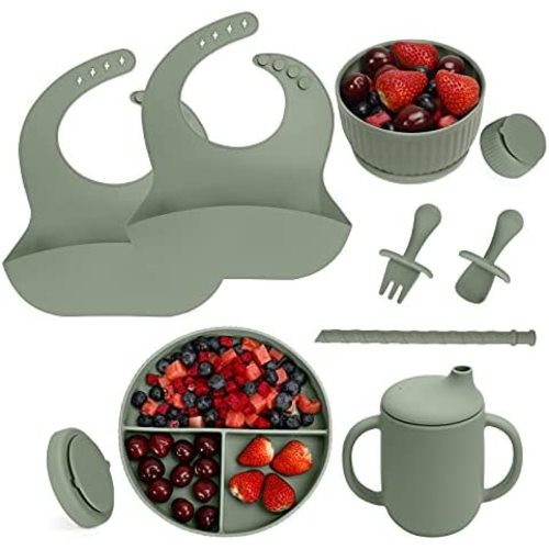 Baby Led Weaning Supplies - CSFICTS Baby Feeding Set - Silicone Suction Bowls, Divided Plates, Straw Sippy Cup - Toddler Self Feeding Eating Utensils Dishes Set with Bibs, Spoons, Fork - 6 Months