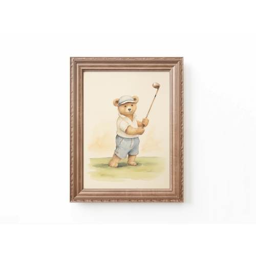 Teddy Bear Playing Golf Art Print Nursery Teddy Bear Art Kids Room Golf Theme Art Nursery Sports Art Kids Room Bear Nursery Bespoke Littles