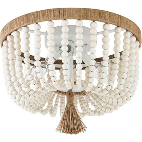 VILUXY Bohemia Wood Beaded Flush Mount Ceiling Light Antique Rustic Mini Round Chandelier White for Bedroom Kitchen Island Girl Room Entryway 3-Light