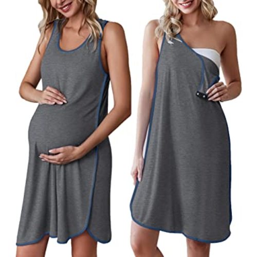 Ekouaer 3 in 1 Nursing Dress Sleeveless Maternity Snap Button Breastfeeding Nightgown
