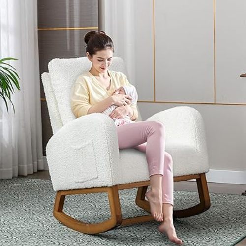 Mecedora, silla deslizante con almohadilla de goma y bolsillo lateral, sillón con estructura de madera maciza para sala de estar, guardería, dormitorio, lactancia materna (color crema)