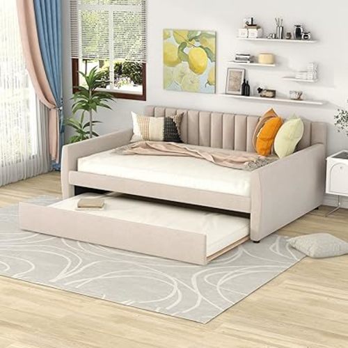 Merax Upholstered Daybed with Trundle and Wood Slat Support, Full Size Upholstered Frame Sofa Bed, Beige