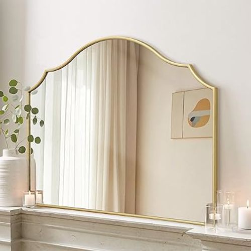 Gold Modern Large Wall Mirror, 36"x26" Decorative Scalloped Arched Mirror Vanity Minimalist Mirror Decor for Living Room, Bedroom, Fireplace, Mantle, Entryway