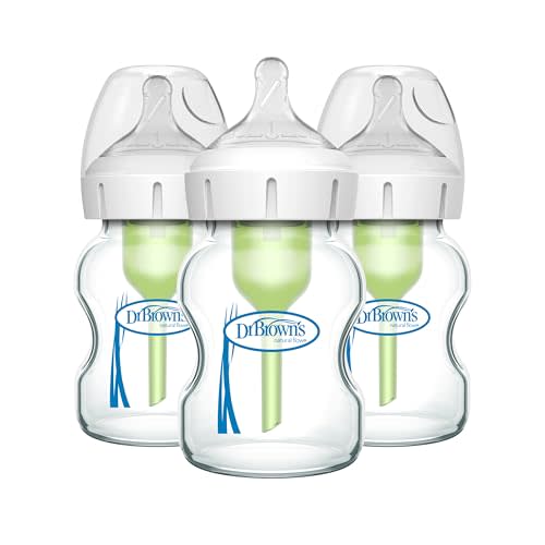 Dr. Brown's Natural Flow Anti-Colic Options+ Wide-Neck Glass Baby Bottles 5 oz/150 mL, with Level 1 Slow Flow Nipple, 3 Pack, 0m+