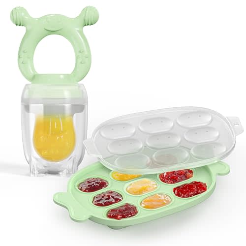 Silicone Baby Fruit Feeder & Freezer Nibble Tray Combo, Baby Teethers, Breastmilk Popsicle Molds for Teething Relief, BPA Free Fresh Food Feeder for Safe Infant Self Feeding (Sage Green)