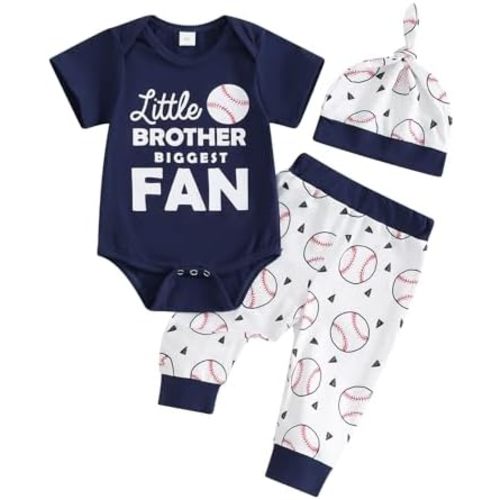 Newborn Boy Clothes Little Brother Biggest Fan Baseball Romper Pants Hat Baby Coming Home Outfits
