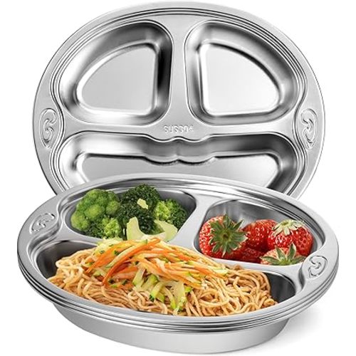 SOUJOY 4 Pack Stainless Steel Divided Plate, 3 Sections Diet Control Dinner Plate, Unbreakable Monkey Shape Compact Food Serving Tray for Kids, Picky Eaters, Campers