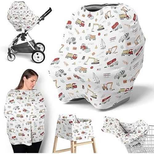 Sweet Jojo Designs Red and Blue Construction Truck Boy Infant Baby Car Seat Cover Nursing Breastfeeding Shopping Cart Stroller Canopy - Grey Yellow Orange Brown Black and White Transportation