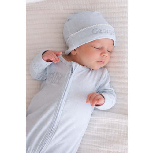 Picot Trim Bamboo Zipper Footie in Baby Blue | Caden Lane