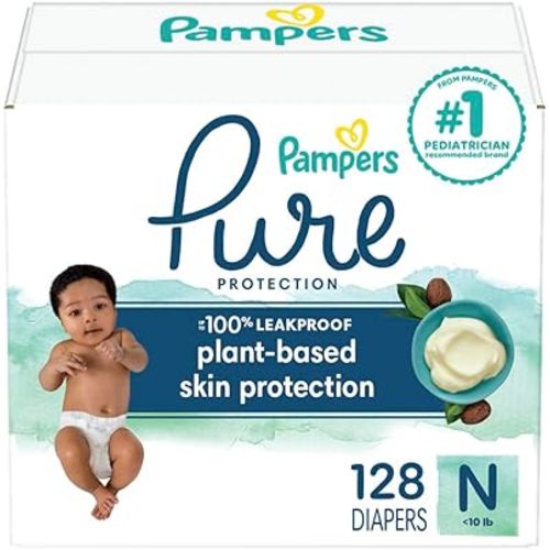 Pampers Pure Protection Diapers Newborn - Size 0, 128 Count, Hypoallergenic Premium Disposable Baby Diapers