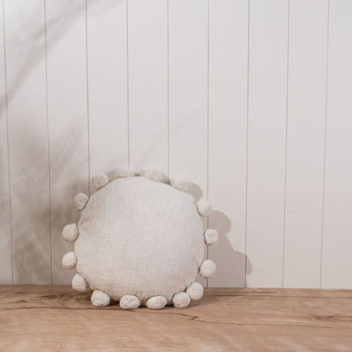 Foreside Home & Garden White With Pom Poms 16X16 Hand Woven Filled Round Pillow | Wayfair