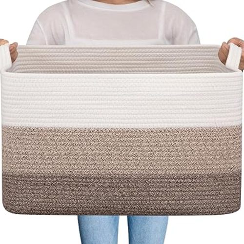 OIAHOMY Large Storage Basket, Cotton Rope Woven Blanket Basket, Toy Basket for Baby Room, Basket for Blanket Storage in Living Room, 20''×16''×12'', Gradient Brown