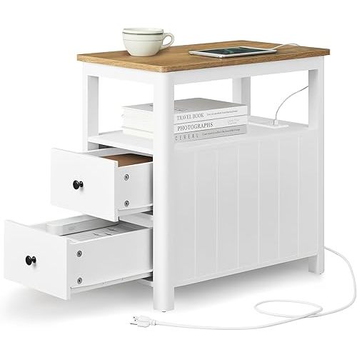 VASAGLE Side Table with Charging Station, Narrow Nightstand with 2 Drawers, Living Room End Table with Storage, for Small Spaces, Coastal Style, Rustic Walnut and Classic White ULET322T14