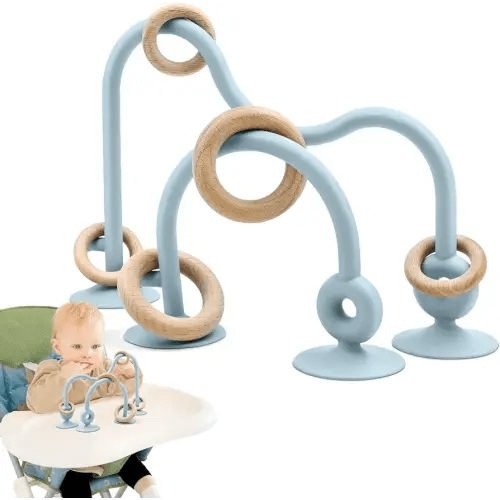 Baby Sensory Teething Chew High Chair Suction Toys for Infant Toddlers 6 12 18 24 Months, Food Grade Silicone Teether with Oak Loop Montessori Educational Parent-Child Baby Bath Toy (Blue)