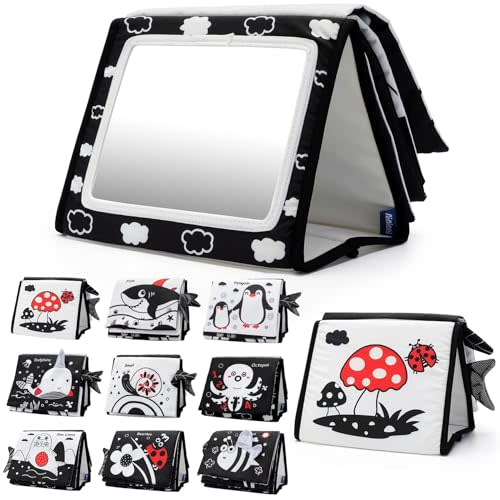 Tummy Time Mirror Toys, Baby Toys 6-12 Months Mirror Floor Toy Soft Cloth Book, Black and White Sensory Toys Activity Montessori Newborn Floor Toys for Boys Girls Gifts 6+Months (Black-Ocean)