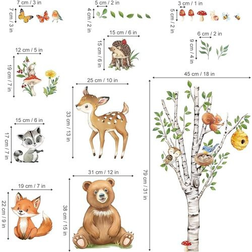 decalmile Woodland Animals Birch Tree Wall Decals Bear Fox Deer Wall Stickers Baby Nursery Kids Bedroom Living Room Wall Decor