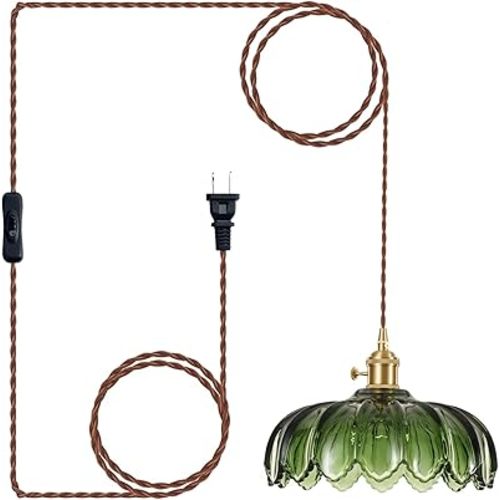 Plug in Hanging Light Fixture, Kitchen Pendant Lighting Glass Pendant Light, Green Pendant Lights for Kitchen Island, Bedroom, Dining Room, Living Room, E26 No Bulb