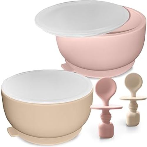 Baby Feeding Essentials, Silicone Baby Feeding Set, Baby Bowls 0-6 Months, Extra Strong Baby Suction Bowls, BPA Free Baby Bowls, Suction Bowl with Lids and Spoons, Infant Babies & Toddler