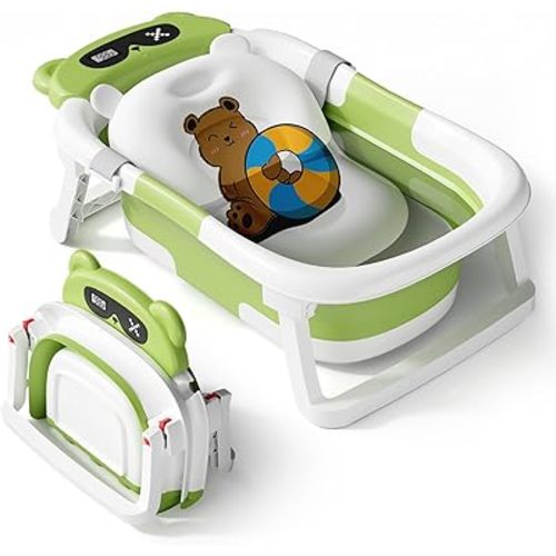 AVIDR Baby Bathtub,Collapsible Bathtub for Newborn to Toddler,Durable Essential Infant Bath Tub,Portable Travel Baby Tub with Soft Cushion,No-Slip Hanging and Detachable(Green)