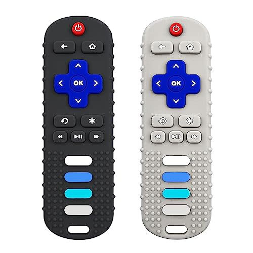 ROBBEAR Baby Teething Toys, Food Grade Silicone Teether for Babies 3 6 12 18 Months, TV Remote Shape Toddlers Chew Toys, Freezer BPA Free (Black+Beige)