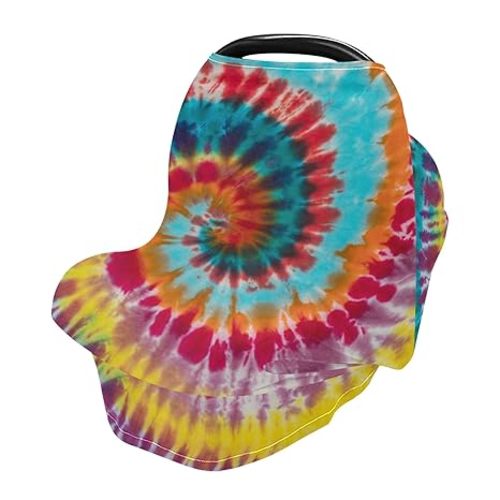 Colorful Tie Dye Swirl Traditional Spiral Pattern Design Stretchy Baby Car Seat Cover Infant Canopy Nursing Covers Breastfeeding Cover Breathable Windproof Winter Scarf for Boys Girls