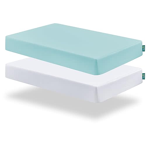 Biloban Pack and Play Sheets Fitted, 2 Pack Pack and Play Sheet Fits for Graco Pack n Play Mattress, Neutral Playard Sheets for Baby Boys and Girl, White & Aqua, 38”X 26”