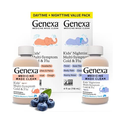 Genexa Kids' Clean Cold & Flu Relief Day/Night Multi-Symptom, Dye Free, 0% Artificial Additives, Children's Liquid Pain, Fever & Cough Medicine, Ages 4-11, Organic Blueberry Flavor, 8 fl oz (2 Pack)