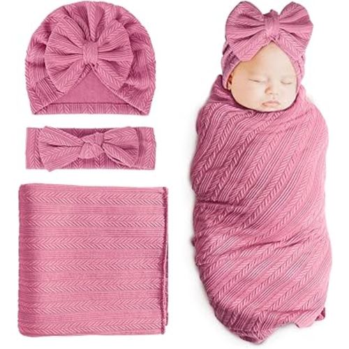 DRESHOW BQUBO Newborn Receiving Blanket Toddler Warm for Girls with Matching Bow Hat and Bow Headband Shower Gift