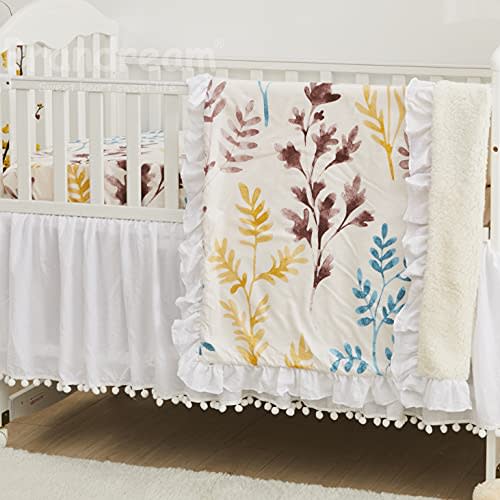 Brandream Gender Neutral Boho Bohemian Crib Bedding Set Baby Girl Boy Nursery Crib Bedding Set - 6pc - Yellow Green White Leaves Farmhouse Chic Unisex Blanket Set with Pompom Design
