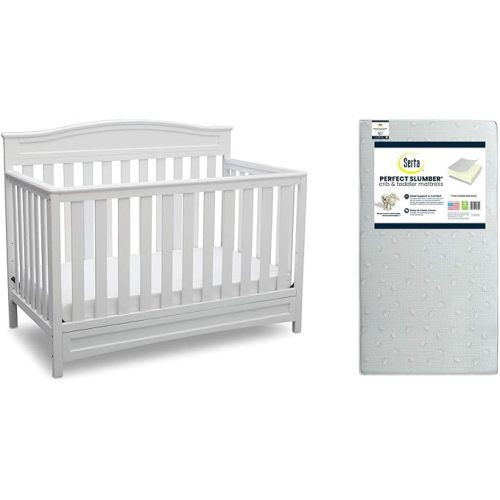 Delta Children Emery 4-in-1 Crib, White + Serta Perfect Slumber Dual Sided Recycled Fiber Core Crib and Toddler Mattress (Bundle) - 4-in-1 Crib + Mattress