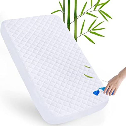 Biloban Bamboo Viscosed Waterproof Crib Mattress Protector, Crib Mattress Protector Waterproof (52"x 28"), Quilted Crib Mattress Pad Cover, Soft and Breathable with 9 Inches Deep Skirt, White