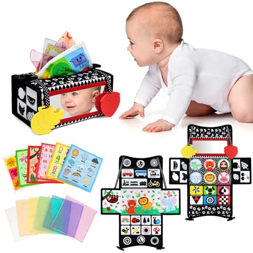 Dr.Rapeti Tummy Time Mirror, Tissue Box Toy, 3in1 Black and White High Contrast, Double-Sided Foldable Sensory Montessori Toy, Crinkle Silk Scarves Teethers 0-6 6-12 Month Newborn Infant Baby